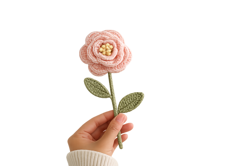 Hand holding a pink crochet rose — The Blooms by Anam
